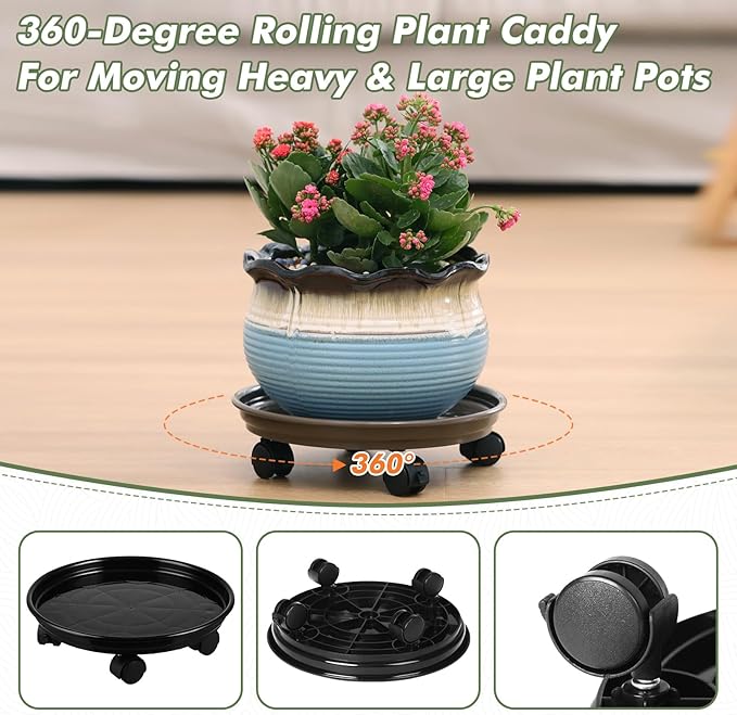 8 Packs Plastic Plant Caddy with Wheels 12" Plastic Rolling Plant Stands Heavy-Duty Plant Dolly with Casters Indoor and Outdoor Plant Roller Base Wheels, Blue