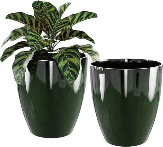 QCQHDU Plant Pots Set of 2 Pack,10 Inch Plant Pot for Indoor and Outdoor Plants with Drainage Hole,Flower Pots Modern Decorative Planter for Garden Plants (Green)