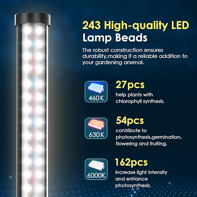 2 Pack Grow Lights for Indoor Plants, 6000K 243 LEDs Light for Seed Starting with Full Spectrum, 45in Height Standing Plant Light, 3 Switch Modes for Wide Area Coverage in Indoor Plants