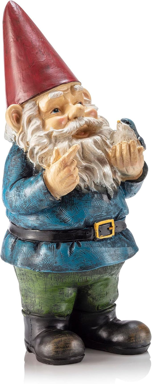 Alpine Corporation 12" Tall Outdoor Garden Gnome with Bird Yard Statue Decoration, Multicolor