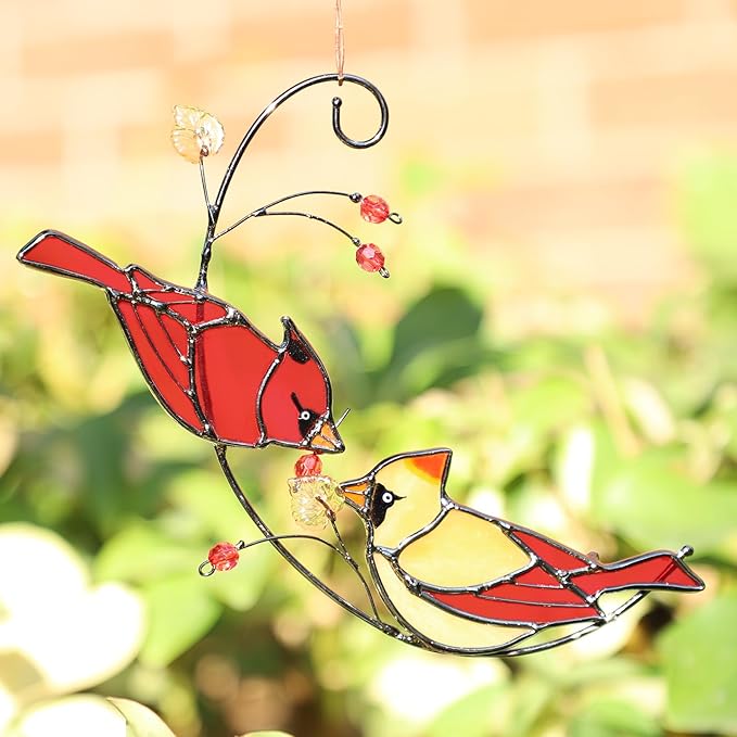 Cardinal Stained Glass Suncatchers for Windows Hanging Decorative,Couple Red Love Birds Sun Catchers for Christmas Ornaments,Real Stained Glass Cardinal Memorial Gifts for Women/Mom