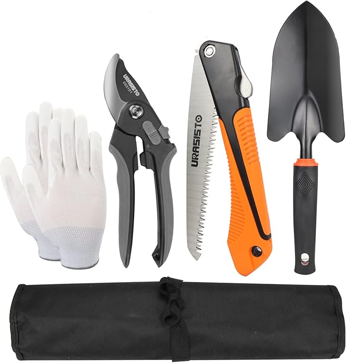 Garden Tool Set URASISTO 4 pcs Gardening Tool kit -Trowel, Folding Saw, Garden Pruner, Gardening Gloves,Roll Up Carry Bag Included, Ideal Garden Tool Kit Gifts for Women and Men