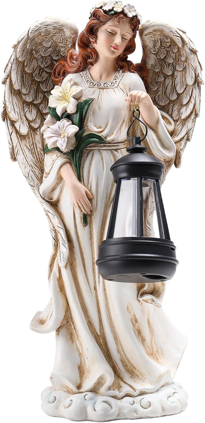 Solar Angel Outdoor Decor Garden Statues – 13.2 inches Angel Figurines Outdoor Sculptures with Solar Lantern for Outside Yard Art Patio Balcony Front Lawn Ornaments Gifts for Mom Grandma Women