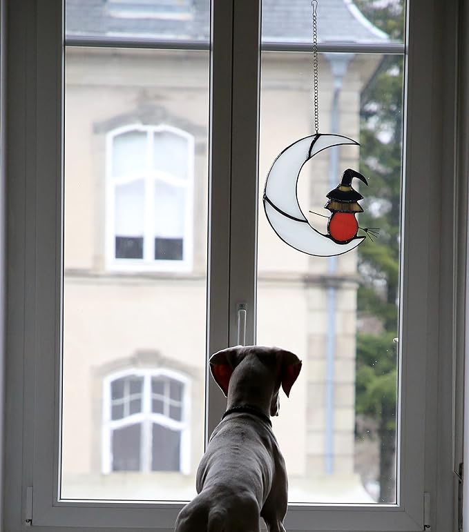 Witch On Moon Stained Glass Window Hanging Panel, Suncatcher for Windows, Witch Decor Riding Moon Face Sun Catcher Halloween Ornament.