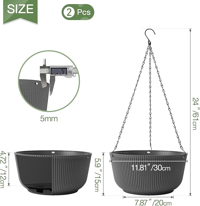 T4U 12 Inch Large Hanging Planters for Outdoor Plants, 2 Pack Self Watering Hanging Pots Indoor, Hanging Baskets for Plants,Hanging Flower Pot with Drainage Hole and Plant Hanger, Grey