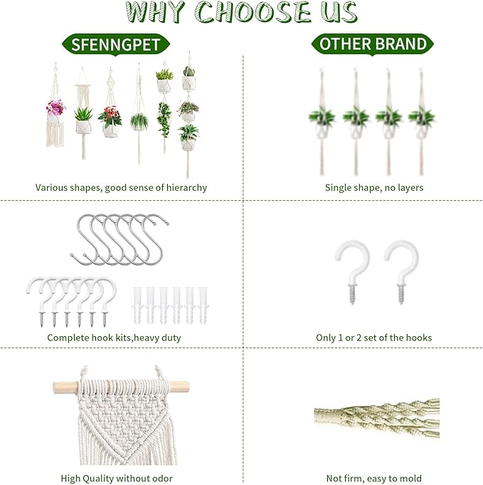 Macrame Plant Hangers, 6Pack Hanging Planters for Indoor Plants w/ 6 Set Hangers Kit Handmade Macromay Plant Hangers Indoor Flower Pots Holder Stand for Boho Home Décor (POTS NOT Included)