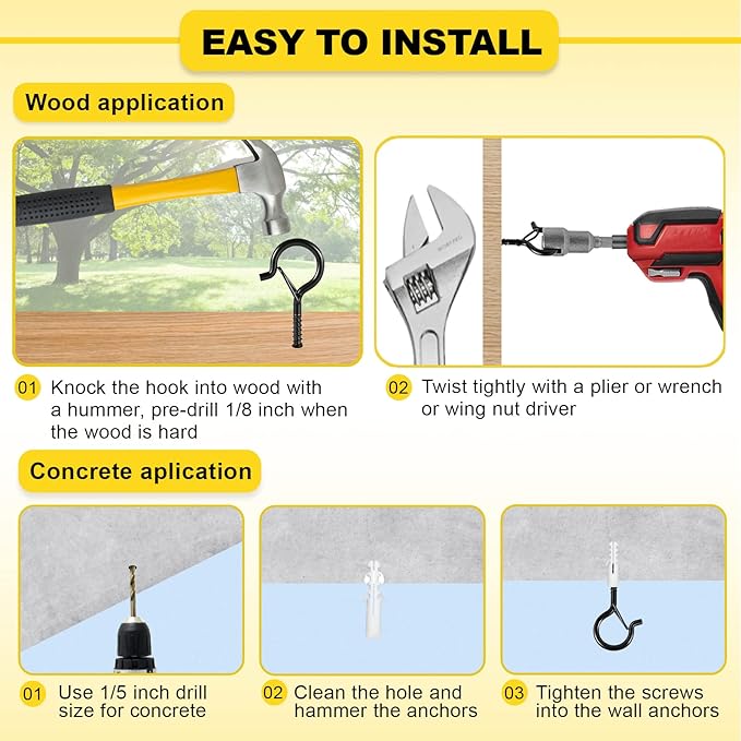 Hooks for Outdoor String Lights, 52 Pack Screw Hooks for Hanging Plants Led Party Lights Garage Wind Chimes, Black Heavy Duty Q Hanger Ceiling with Safety Buckle, Box and Wing Nut Driver