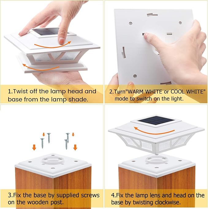 SIEDiNLAR Solar Post Lights Outdoor 2 Modes LED Deck Fence Cap Light for 4x4 5x5 6x6 Posts Patio Garden Decoration Warm White/Cool White Lighting White (1 Pack)