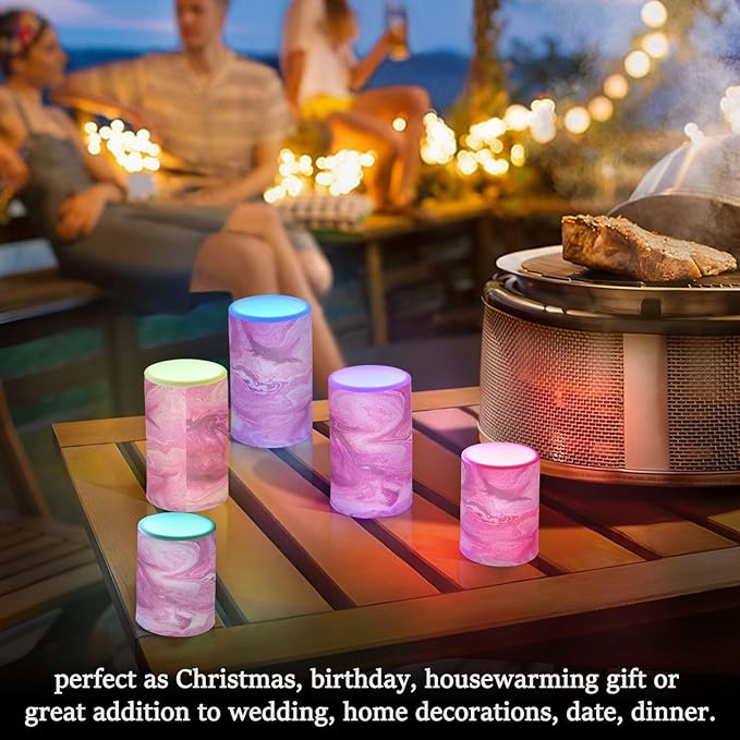 Flickering Flameless Candles, Pink Fuchsia Marble LED Candles with Remote Timer, Set of 2 Battery Operated Candle for Valentine Wedding Birthday