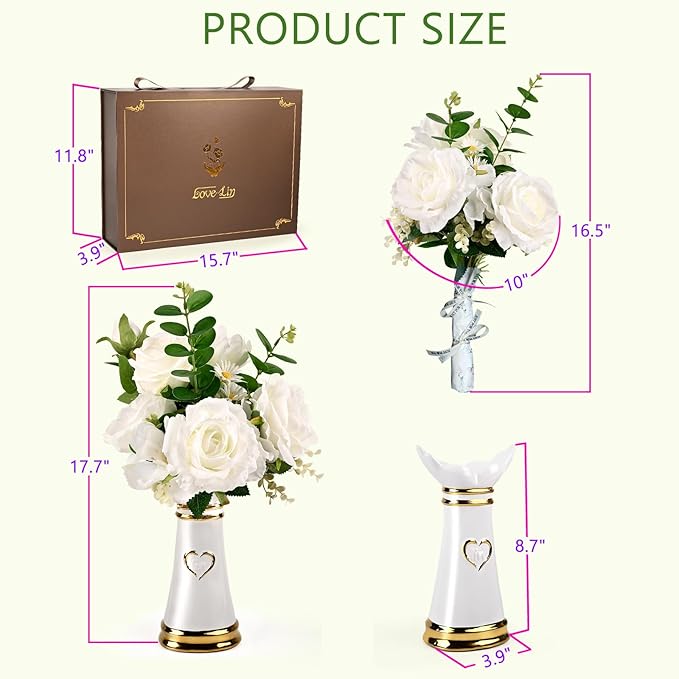LoveLin Artificial Faux Flowers with Ceramic Vases,Affordable Luxury Artwork,Housewarming New Year Xmas Box for Wife Father,Living Dining Room Bedroom Office Hotel Home Decor White