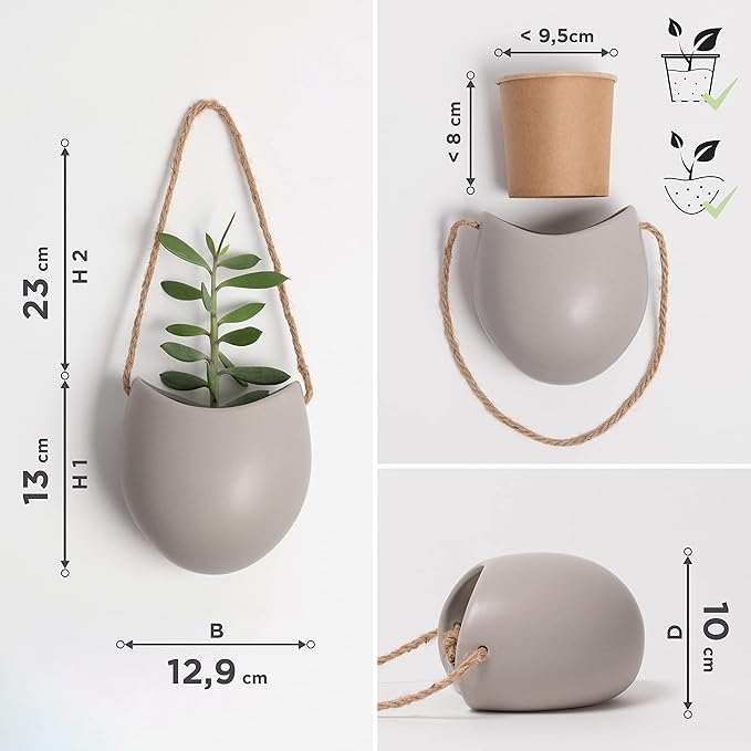 Wall Planters -Ellie- | Hanging Ceramic Plant Pots 3 Pieces | Wall Decoration for Indoors, Balcony and Garden | Light Grey (Matte)