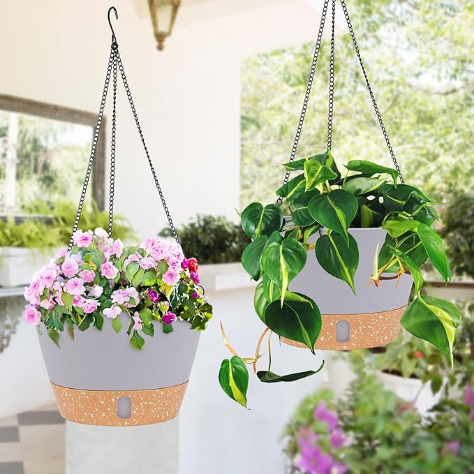QCQHDU 2 Pack 10 inch Hanging Planters for Indoor Plants, Outdoor Hanging Baskets, Self Watering Pots with Drainage Holes & Removable Tray (Light Grey, 10 inch)