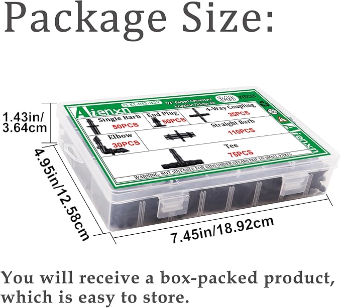 340PCS 1/4" Drip Irrigation Kit Barbed Connectors, Straight Barb, Tee, Single Barb, End Plug, Elbow, 4 Way Coupling Irrigation Fittings for Garden Lawn Flower Pot