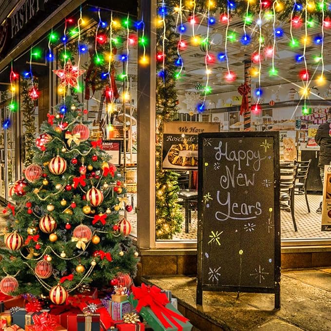 Hezbjiti Christmas Decorations Lights Outdoor, 400 LED 32.8 FT 8 Modes 75 Drops Fairy String Curtain Lights for Christmas Decor Eaves Window Party Yard Garden Indoor (Multicolor)