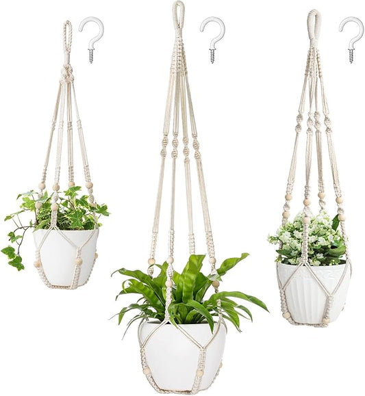 Mkono 3 Pack Macrame Plant Hangers Indoor Different Size Hanging Planter Basket Flower Pot Holder with Beads No Tasselss 43"/35"/29", Large, Ivory