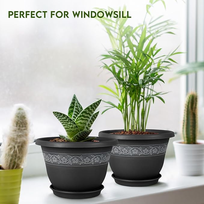 8 Inch Plant Pots with Drainage Hole - Lightweight Flower Pots for Herbs and Flowers - Home Decor Plastic Planters for Indoor Outdoor Plants- Pack of 6 (Black, 8 inch)