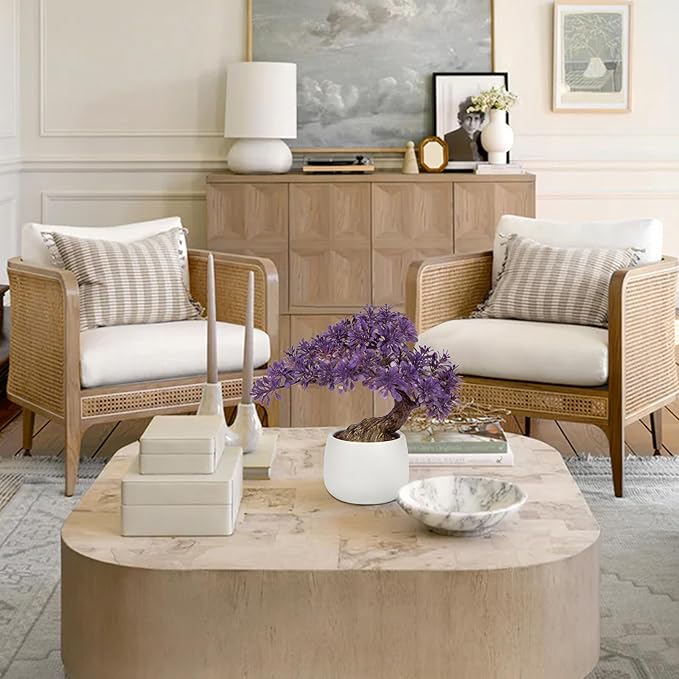 DILATATA Fake Bonsai Tree Zen Juniper Bonsai Plant 10” Tall Artificial Bonsai Trees with White Ceramic Pot Decorated with Pebbles Desk Plant Indoor Bonsai for Home Office Decor Purple