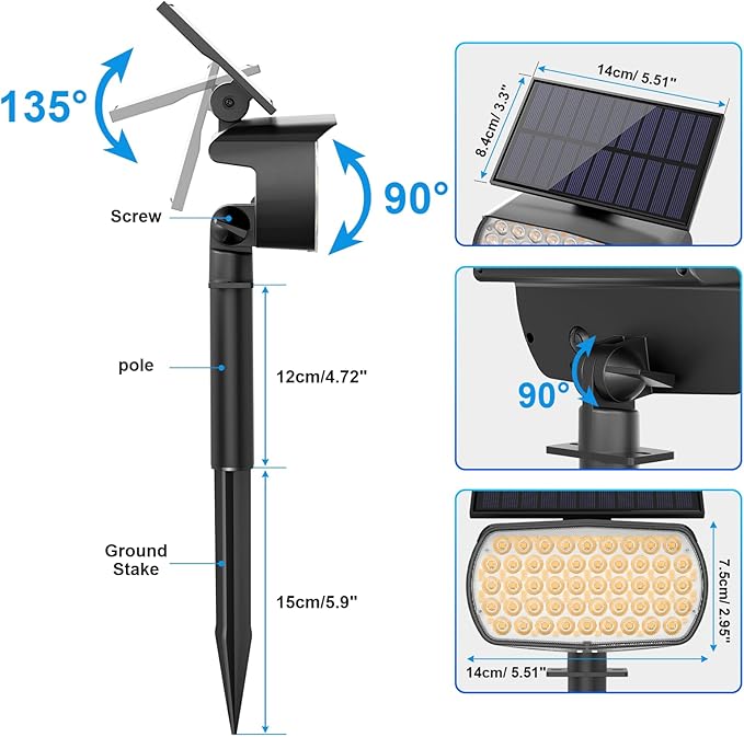 108 LED Solar Spot Lights Outdoor, Solar Lights Outdoor IP65 Waterproof, 3 Modes Solar Landscape Spotlights, Large Solar Panel Solar Powered Lights for Garden Yard Pathway(Warm White/4 Pack)