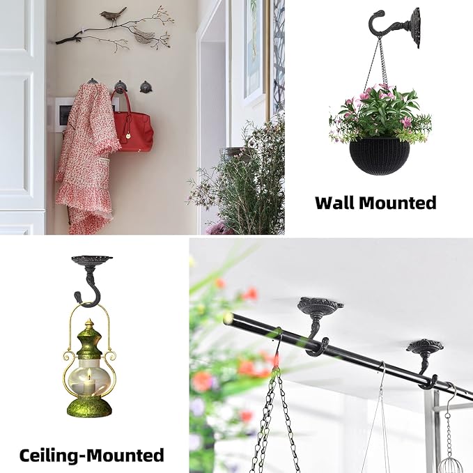 Sungmor Heavy Duty Ceiling Hooks for Hanging Plants, 2PC Black 3.5x3.9Inch Large Cast Iron Ceiling Hooks, Antique Decorative Ceiling Swag Hooks for Hanging Planter Chandelier Wind Chime Lantern Hanger