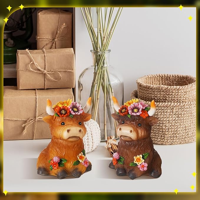 2 Pack Highland Cow Solar Lights Outdoor Garden Gnome Statues Resin Lamp Decor Waterproof Stake Lights Highland Cow Gifts for Yard Patio Lawn Decor