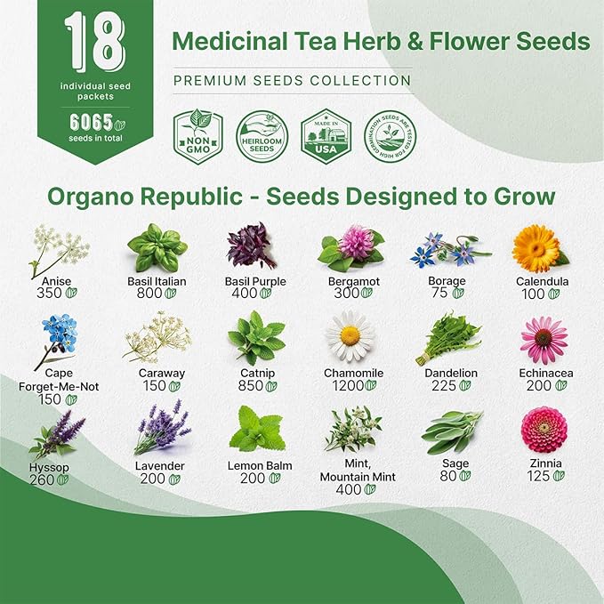 Organo Republic 18 Culinary Herbs Seeds Variety Pack - 10,180+ Heirloom, Non-GMO, Herbs Seeds for Outdoor and Indoor Home Gardening, Including Rosemary, Thyme, Oregano, Mint, Basil, Parsley