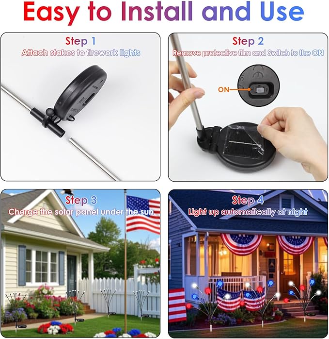 OZS 4pack Solar American Flag Lights - 4th of July Solar Garden Outdoor Waterproof Firefly Light for Memory Day, Independence Day, National Day Decoration (Red White Blue)