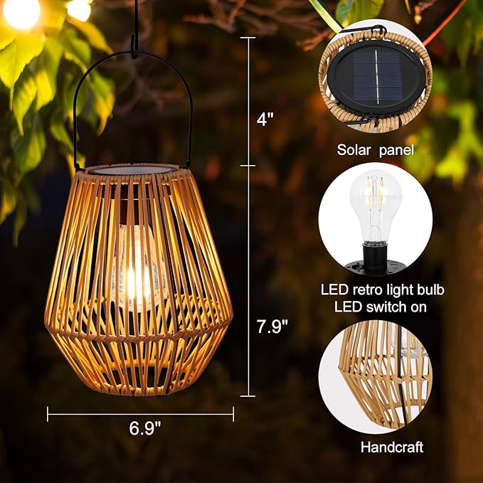 Solar Lantern,2 Pack Solar Wicker Lanterns Outdoor Waterproof Boho Lights for Outside Hanging Rattan Lights Outdoor Patio Lanterns Decoration for Garden,Yard,Porch,Trees,Lawn,Pathway