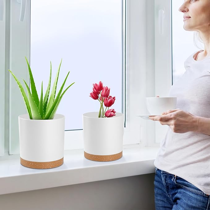 Plant Pots – 7/6.5/6/5/4 Inch Plastic Planters with Drainage Holes and Saucers, Flower Pots for Indoor and Outdoor Plants (White)