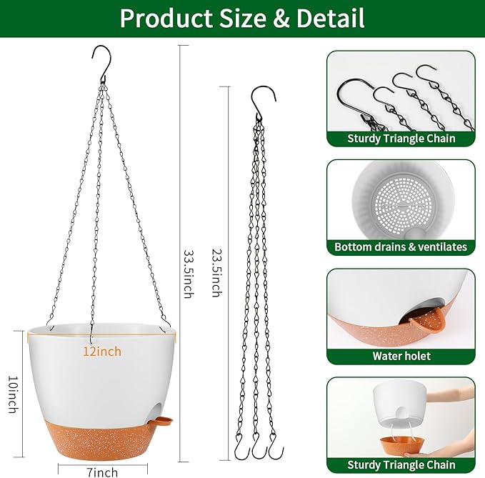 GARDIFE Large Hanging Planter, 12 inch Hanging planters for Indoor. Outdoor Plants, Self Watering Plant Pot, Plant Hanger, White