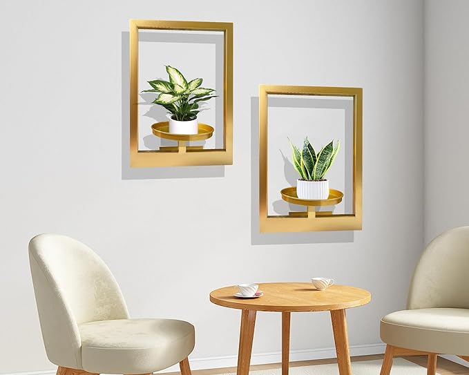 Picture Frame Plant Holder, Window Planter Hanger Shelves,Wall Mount Plants shelf Indoor Outdoor, Metal Hanging Planters Stand Decor,Modern Floating Ornament Rack Art for Home & Garden (Gold 2pc)