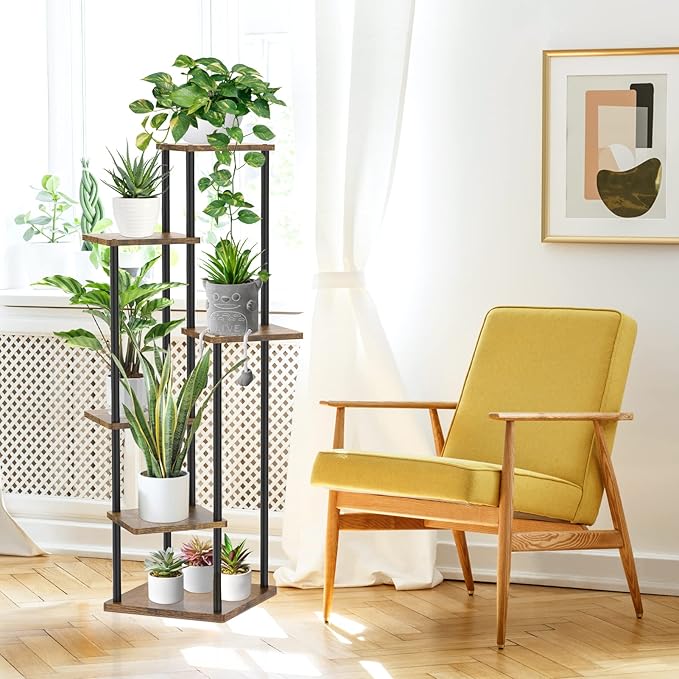 6 Tier Plant Stand Indoor Outdoor, Tall Corner Wood Metal Plant Shelf Holder Clearance, Large Multiple Flower Pot Rack for Patio Orchid Office Porch Living Room Bedroom Garden Balcony, Black