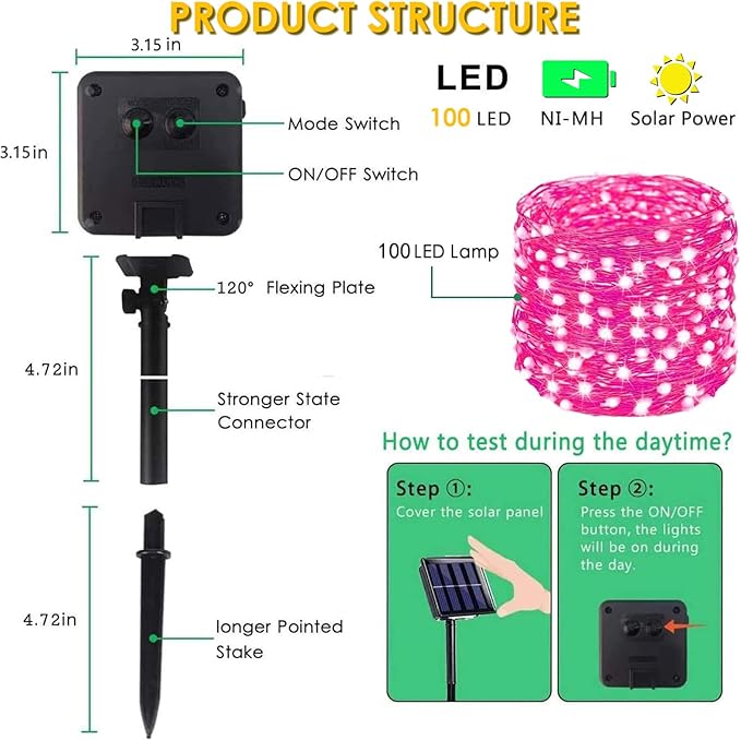Solar String Lights Outdoor, 2-Pack Total 80FT 200 LED Solar Christmas Twinkle Lights Outside Waterproof Copper Wire 8 Modes Solar Fairy Lights for Garden Tree Party Birthday Christmas Decor (Pink)