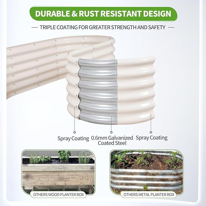 Galvanized Raised Garden Bed - 4x2x1.4FT Metal Planter Boxes Outdoor | Oval Steel Raised Bed Kit for Gardening with Protective Tape, Gloves for Vegetables, Flower, Herb (White)