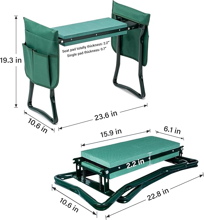 YSSOA 2024 New Garden Kneeler and Seat, with Sturdy Soft EVA Foam Pad, Hold Up to 330lb, Foldable Kneeling Bench, with 2 Tool Pouch for Gardening, Fishing, Camping, Green