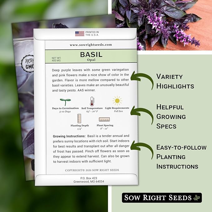 Sow Right Seeds - Opal Basil Seeds for Planting - Non-GMO Heirloom Packet with Instructions to Plant Indoors or Outdoor - Great for Hydroponics or Growing a Kitchen Herb Garden - Purple Leaves (1)