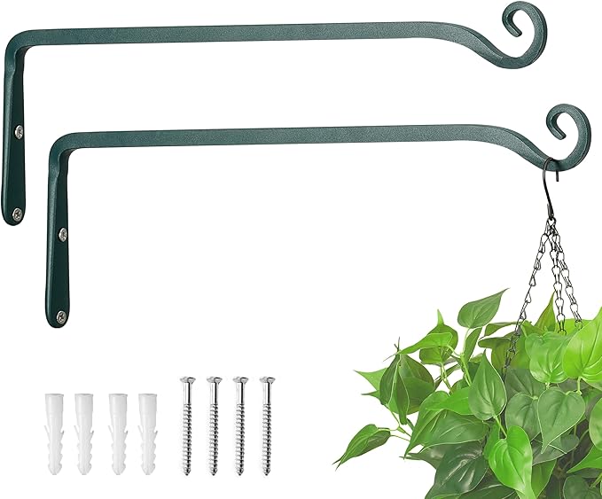Kingsyard 2-Pack Wall Plant Hanger Outdoor - Heavy Duty Metal Hanging Bracket Hooks for Hanging Plant Bird Feeders Lanterns Wind Chimes Outdoor & Indoor, 15-Inch/Green