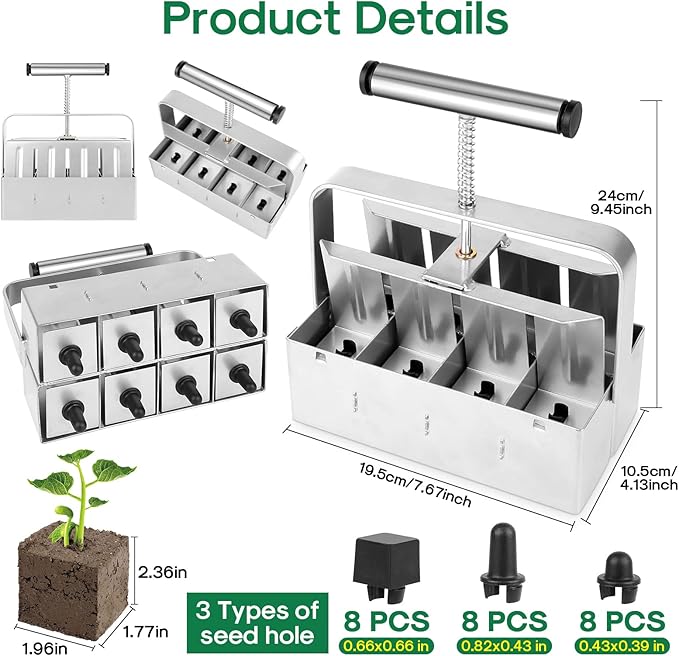 Upgraded Soil Blocker, 8 Cell Seed Blocker 2 inch Quad Soil Block Maker Manual with 3 Types of Seed Pins,Hand-held Soil Blocking Tool for Seed Stater Tray Outdoor Plants