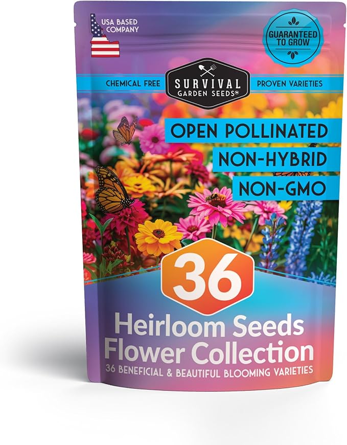 Survival Garden Seeds Functional Flower Garden Kit | 36 Pack Seed Starter Collection | Bee, Butterfly, Hummingbird, Pollinator-Friendly Blooms | Non-GMO Heirloom Beneficial Flowers & Wildflowers