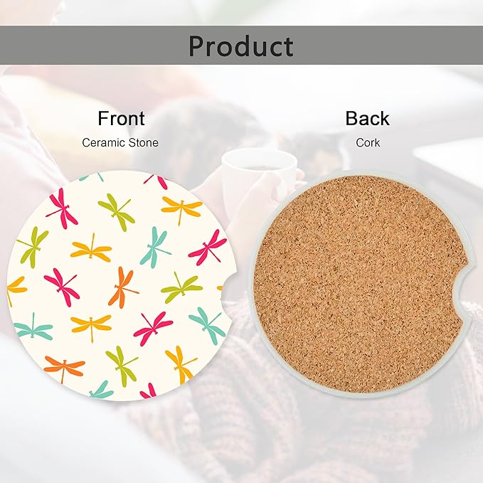 Colorful Dragonfly Car Coasters,Ceramic Absorbent Cup Holders with Finger Notch & Cork Base Car Assecories for Women/Men 2.6"(2 Pieces)