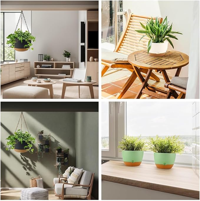 Hanging Planters for Indoor Plants (10 Inch, 2 Pack) Hanging Flower Pots Self Watering, Hanging Planter with Drainage Hole & 2 Kinds of Plant Hangers, Garden Home Decor (Black)