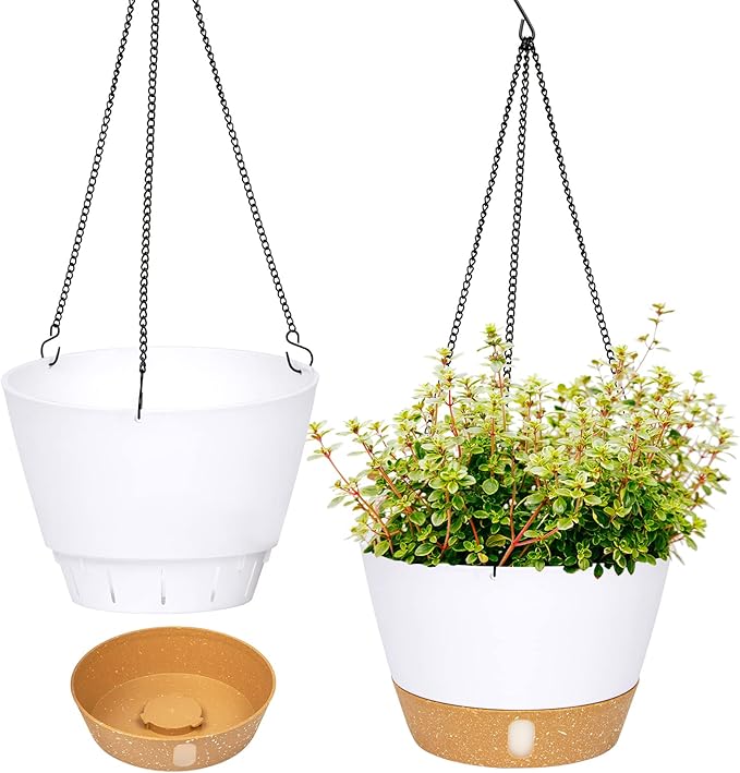 QCQHDU 2 Pack 8 inch Hanging Planters for Indoor Plants, Outdoor Hanging Baskets, Self Watering Pots with Drainage Holes & Removable Tray (White, 8 inch)