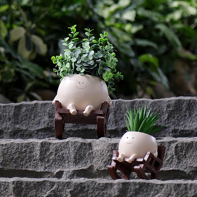 Face Planter Pots Cute Smile Flower Planter for Indoor Outdoor Plants Resin Rocking Chair Succulent Pot for String of Pearls Unique Gift on Mother's Day, Birthday, Christmas(Large)