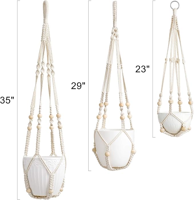 Mkono 3 Pack Macrame Plant Hangers Indoor Different Size Hanging Planter Basket Flower Pot Holder with Beads No Tassels 35"/29"/23", Medium, Ivory
