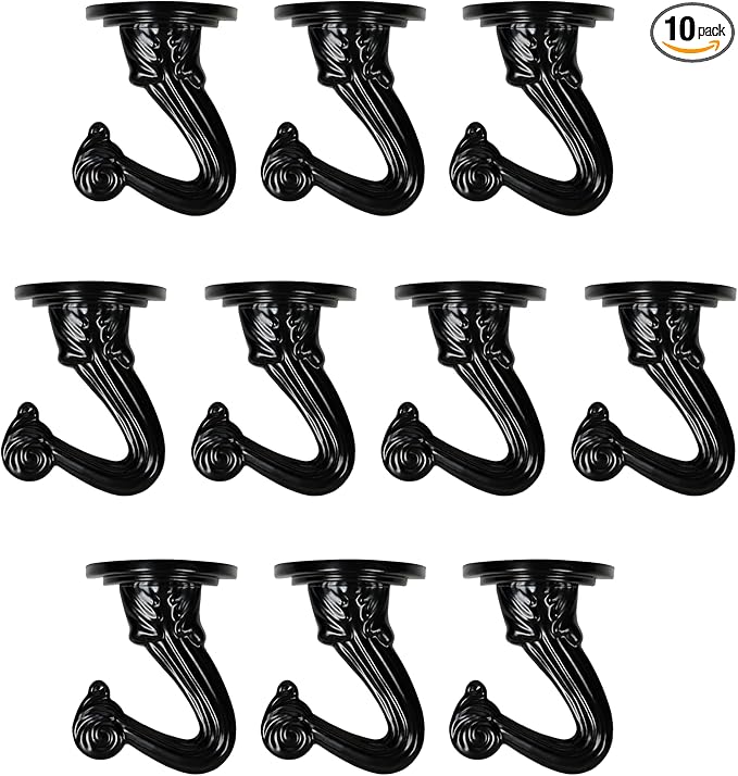 Ceiling Swag Hook Sets - Heavy Duty Hooks with Mounting Hardware for Hanging Plant, Ceiling or Extender Chains - Easy Install with Screws/Brackets (10 pcs - Black)