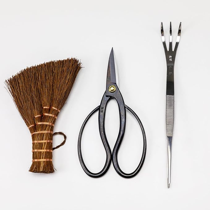 Wazakura Japanese Bonsai Garden 3PCS Tool Starter Kit, Made in Japan, Traditional Bonsai Scissors, Stainless Tweezers with Rake, Chinese Broom. Beginner Set wit Tweezers, Shears and Brush