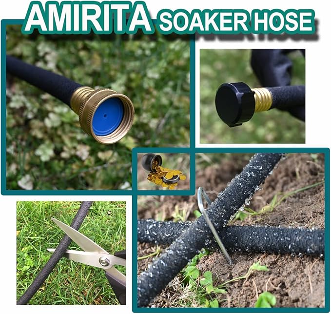 AMRITA Soaker Hose KIT,1/2inch 100ft Rubber Garden Hose 70% Water Saving,Black Heavy Duty Soaker Hose For Garden Lawn,Garden Raised Beds.(1/2-100FT)