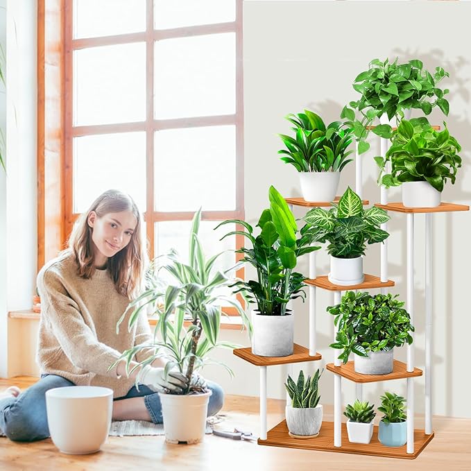 7 Tier Wood Tall Plant Stand Metal Rack Indoor, Multiple Flower Pot Holder Shelves Corner Rack, Planter Shelf Display Rack Storage Organizer for Patio Living Room Balcony Garden(White)