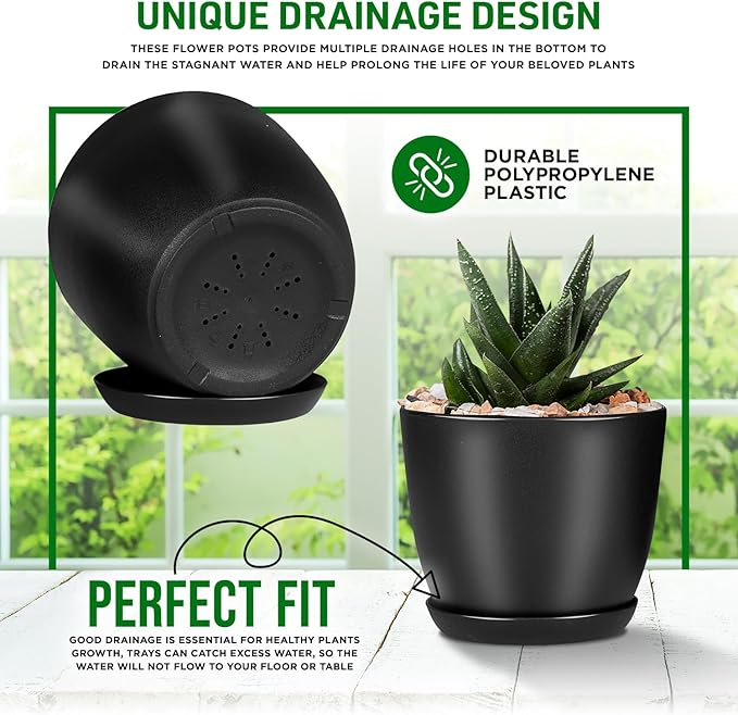 Plant Pots with Multi Drainage Holes - 20 Pieces Versatile, Sturdy Plastic, Stackable Design Home Decor Flower Pots for Indoor and Outdoor Gardening - Black
