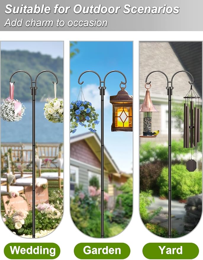 Outdoor Double Shepherds Hook with 5 Prong Base, 76 Inch Adjustable Heavy Duty Two Sided Bird Feeder Pole Stand for Hanging Plant Baskets, Solar Light Lanterns, Hummingbird Feeder, 2 Pack