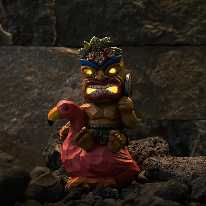 Solar Tiki Statue Flamingos Decor - Tiki Decorations Outdoor for Bar, Patio, Balcony, Yard,Lawn Ornament